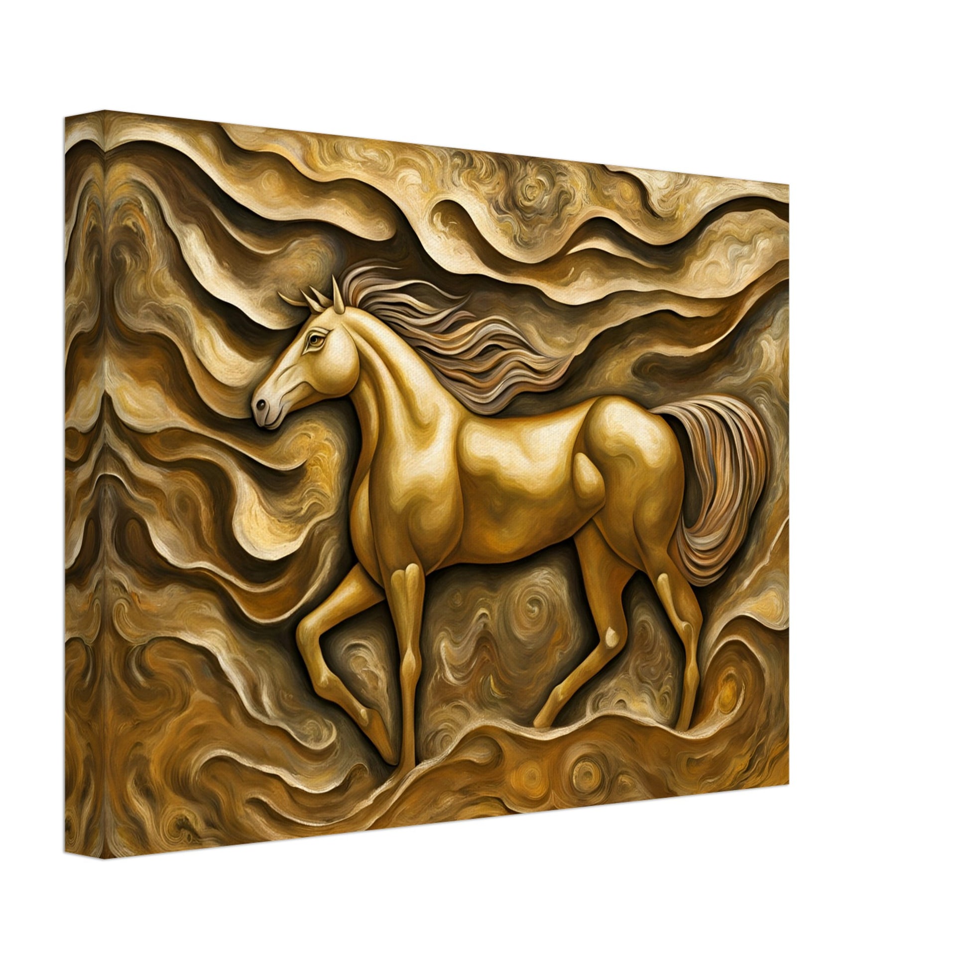 A golden horse runs through swirling, textured waves of gold and brown, embodying strength and motion with a dreamlike elegance.