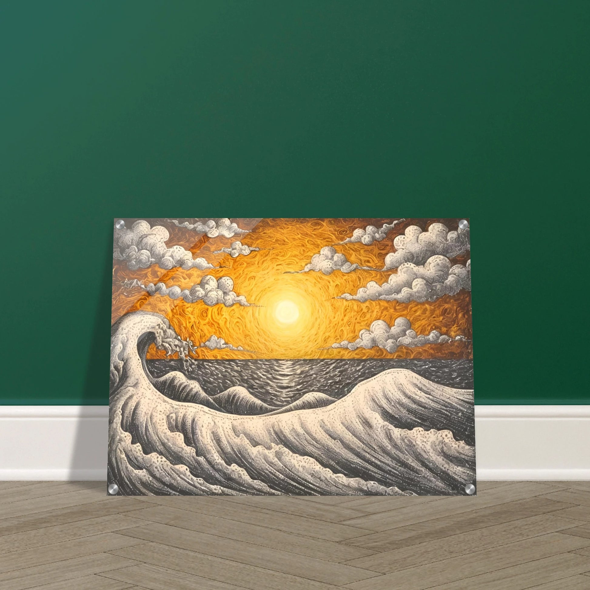 Fiery orange sunset over turbulent black-and-white waves with swirling clouds in a textured seascape.