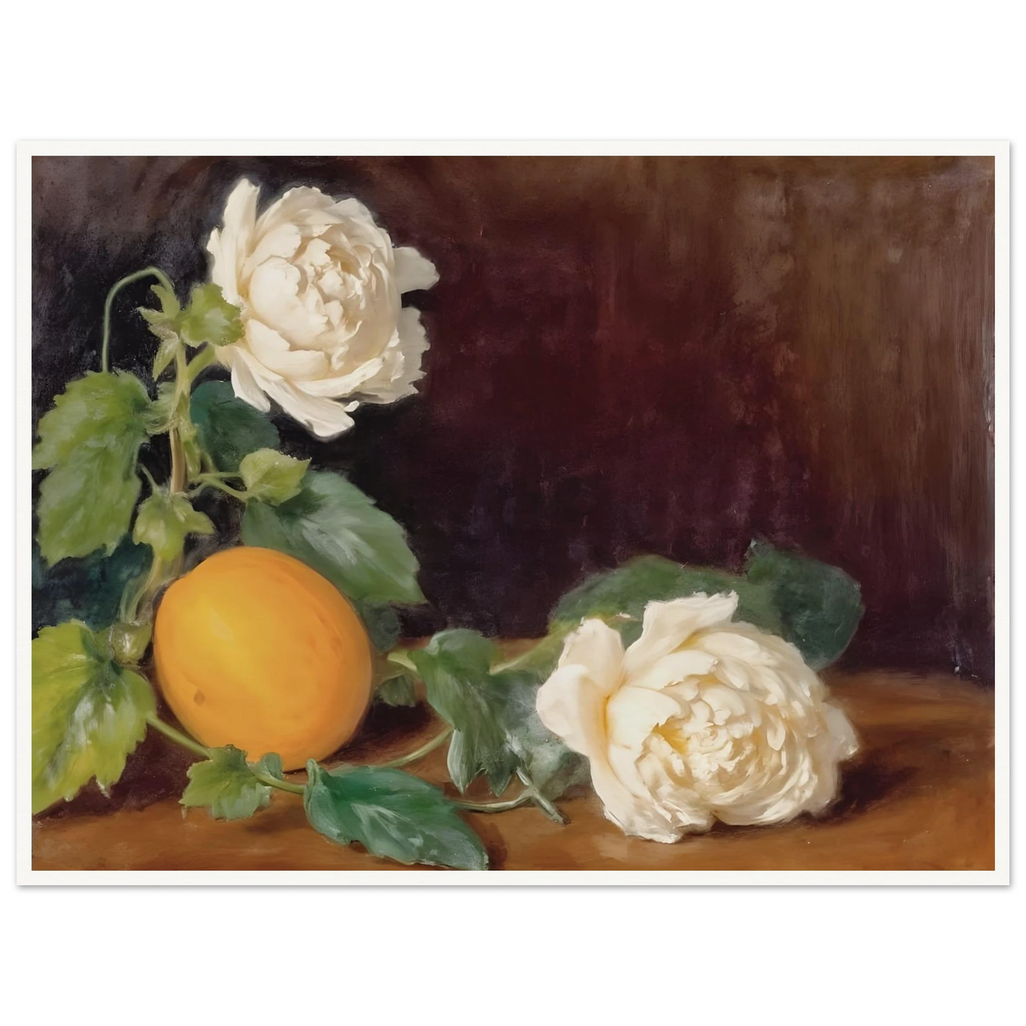 Cream roses and a golden lemon rest among lush green leaves against a rich dark backdrop with timeless elegance.