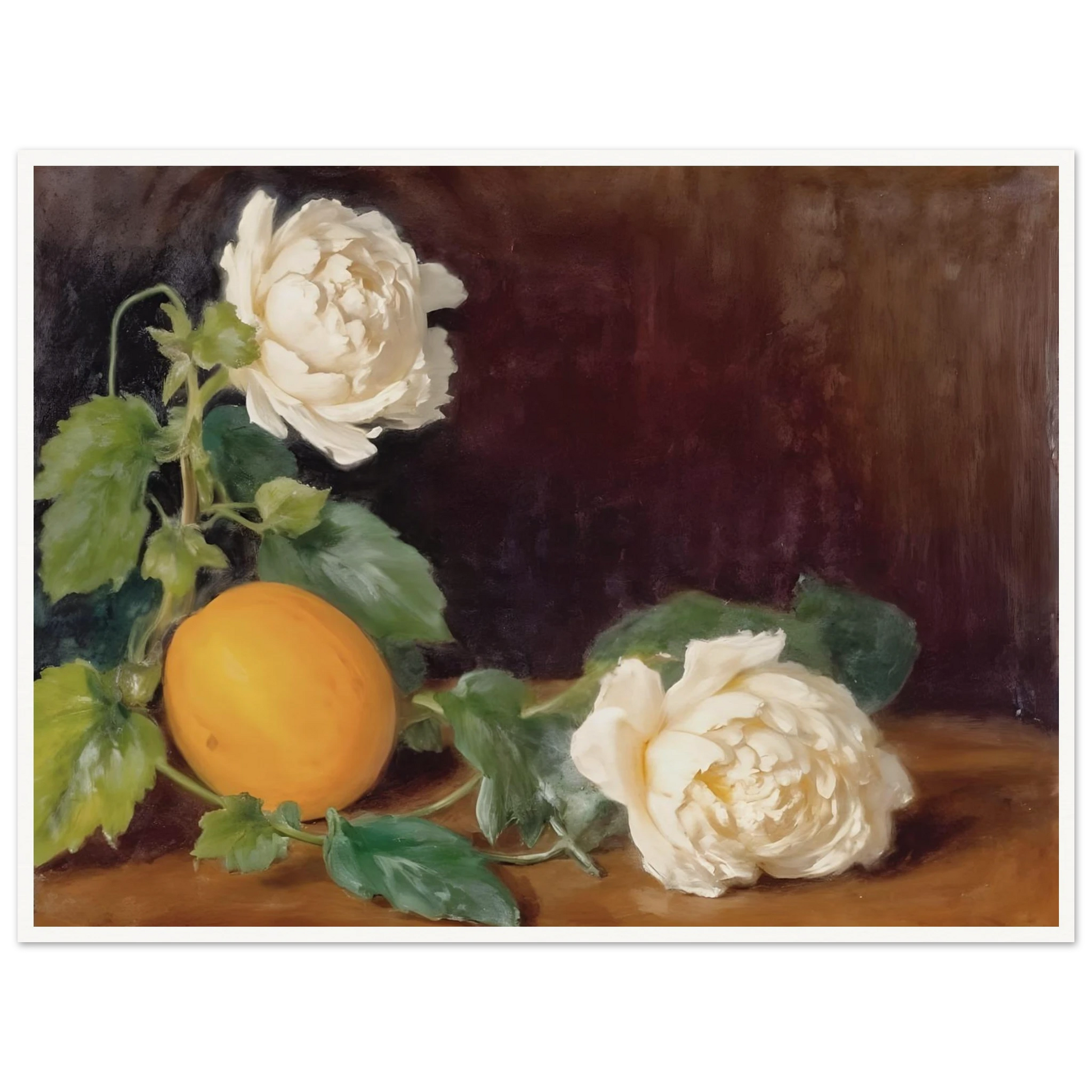 Cream roses and a golden lemon rest among lush green leaves against a rich dark backdrop with timeless elegance.