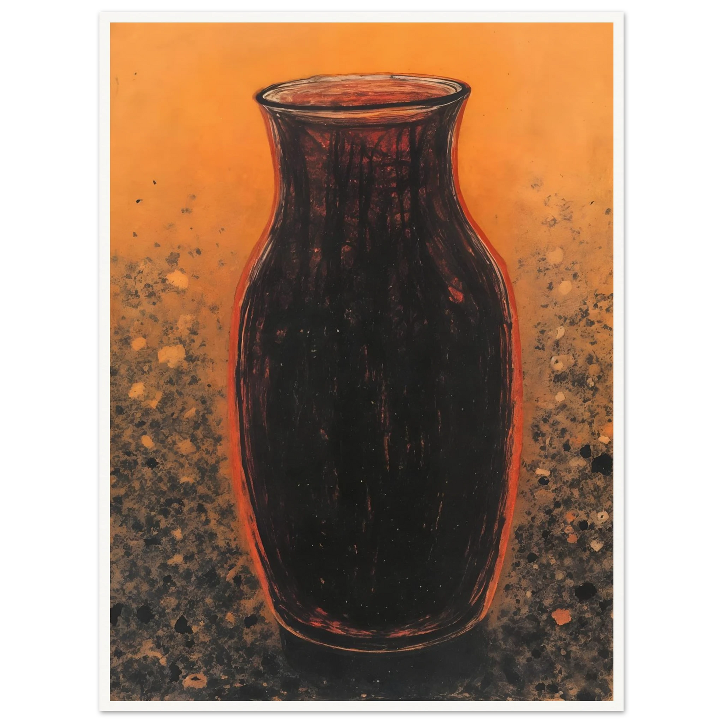 Dark sculptural vase rises against a glowing amber field with textured speckled earth tones, evoking warmth and ancient elegance.