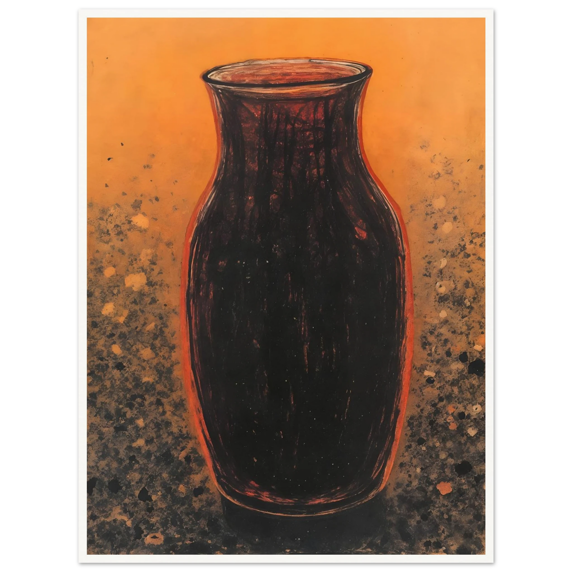 Dark sculptural vase rises against a glowing amber field with textured speckled earth tones, evoking warmth and ancient elegance.