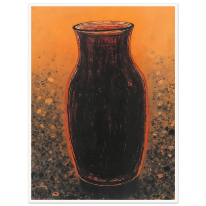 Dark sculptural vase rises against a glowing amber field with textured speckled earth tones, evoking warmth and ancient elegance.