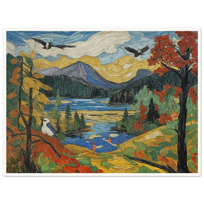 "A colorful autumn landscape featuring a mountain lake, vibrant trees, birds in flight, and a serene nature scene under a golden sky."