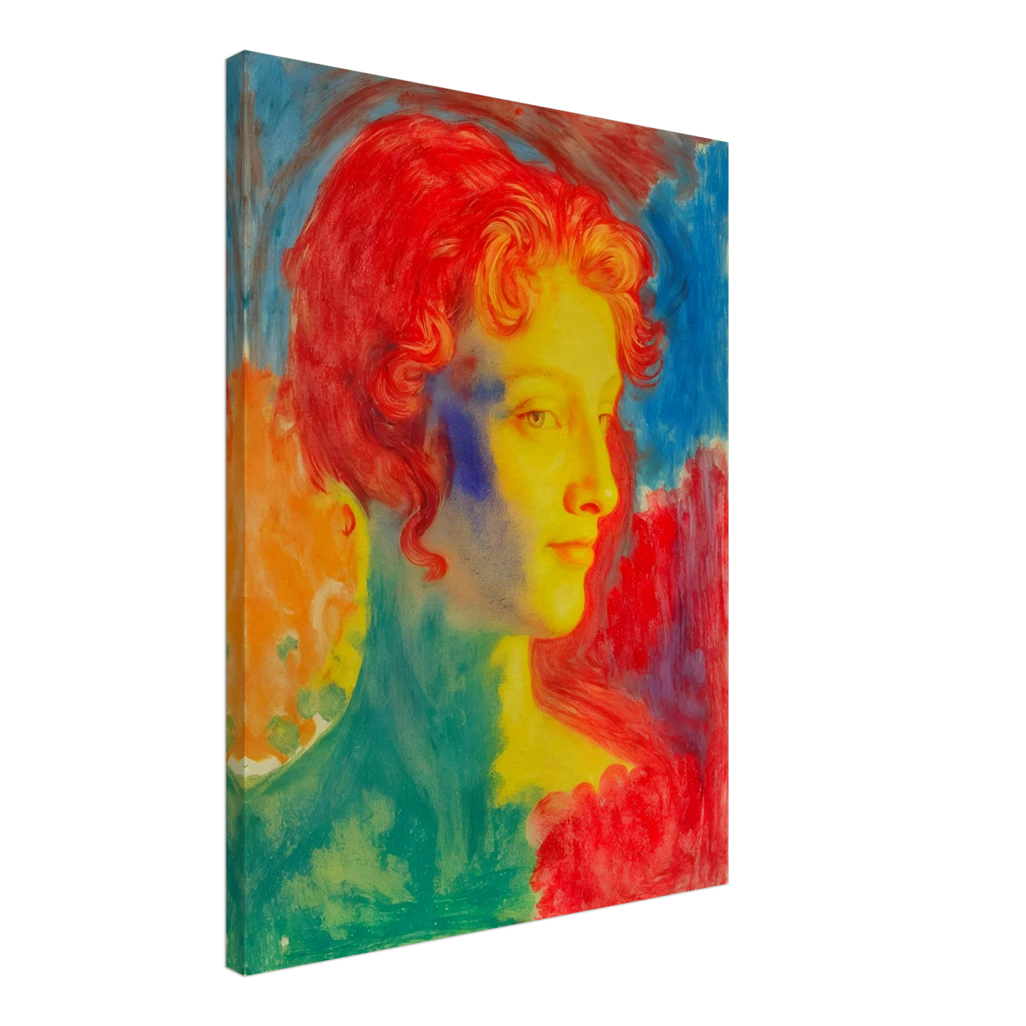 A vivid portrait of a woman in glowing reds, blues, and golds, blending luminous tones into a dreamlike expressive composition.