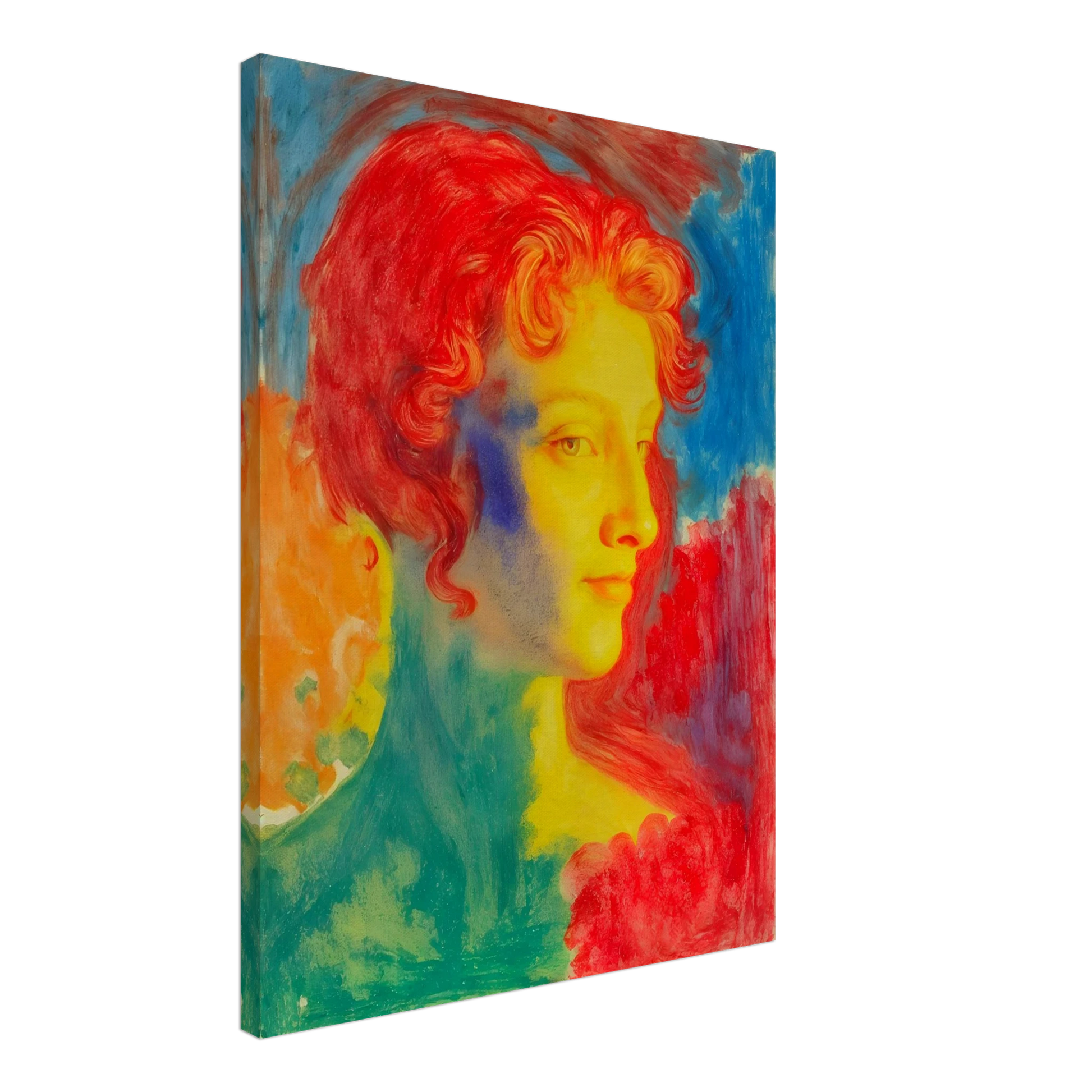 A vivid portrait of a woman in glowing reds, blues, and golds, blending luminous tones into a dreamlike expressive composition.