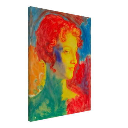 A vivid portrait of a woman in glowing reds, blues, and golds, blending luminous tones into a dreamlike expressive composition.