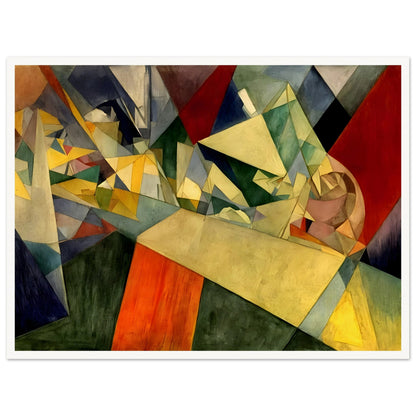 An abstract composition of interlocking geometric shapes in shades of yellow, green, red, and blue, creating a fragmented, dynamic perspective.