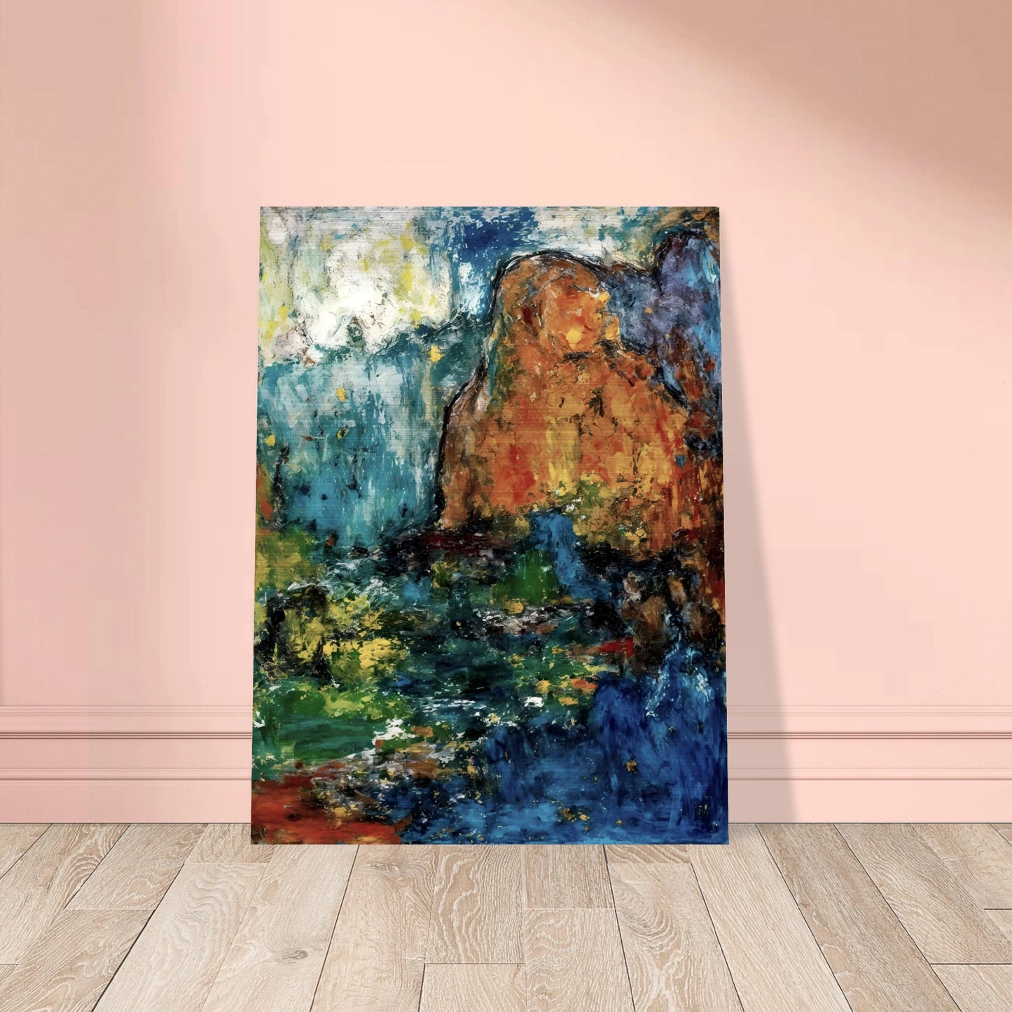 Blue falls and green pools flow between ochre cliffs and dark rocks in a textured landscape.