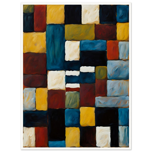 A rich, textured geometric painting featuring interlocking squares and rectangles in deep blue, gold, red, and black, creating a bold composition.