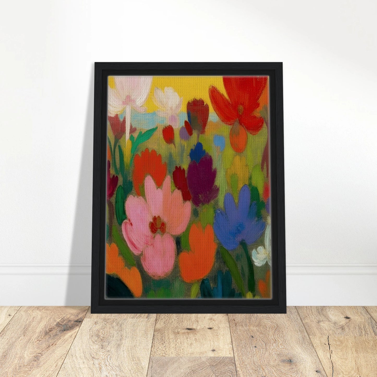 Bright flowers in red, pink, blue, and white rise from green stems against a golden yellow sky.