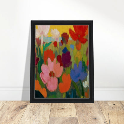 Bright flowers in red, pink, blue, and white rise from green stems against a golden yellow sky.