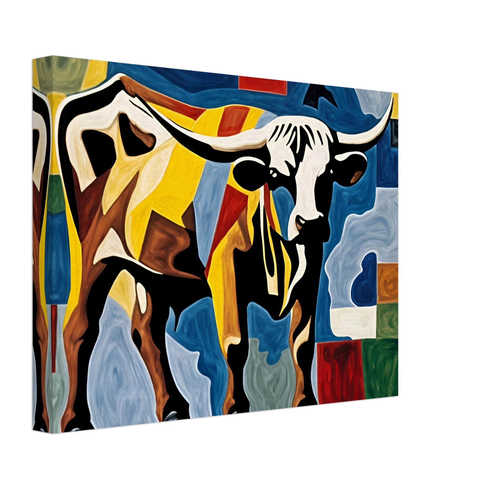 A striking painting of a longhorn bull in a colorful, geometric style, featuring bold hues of yellow, blue, red, and black.