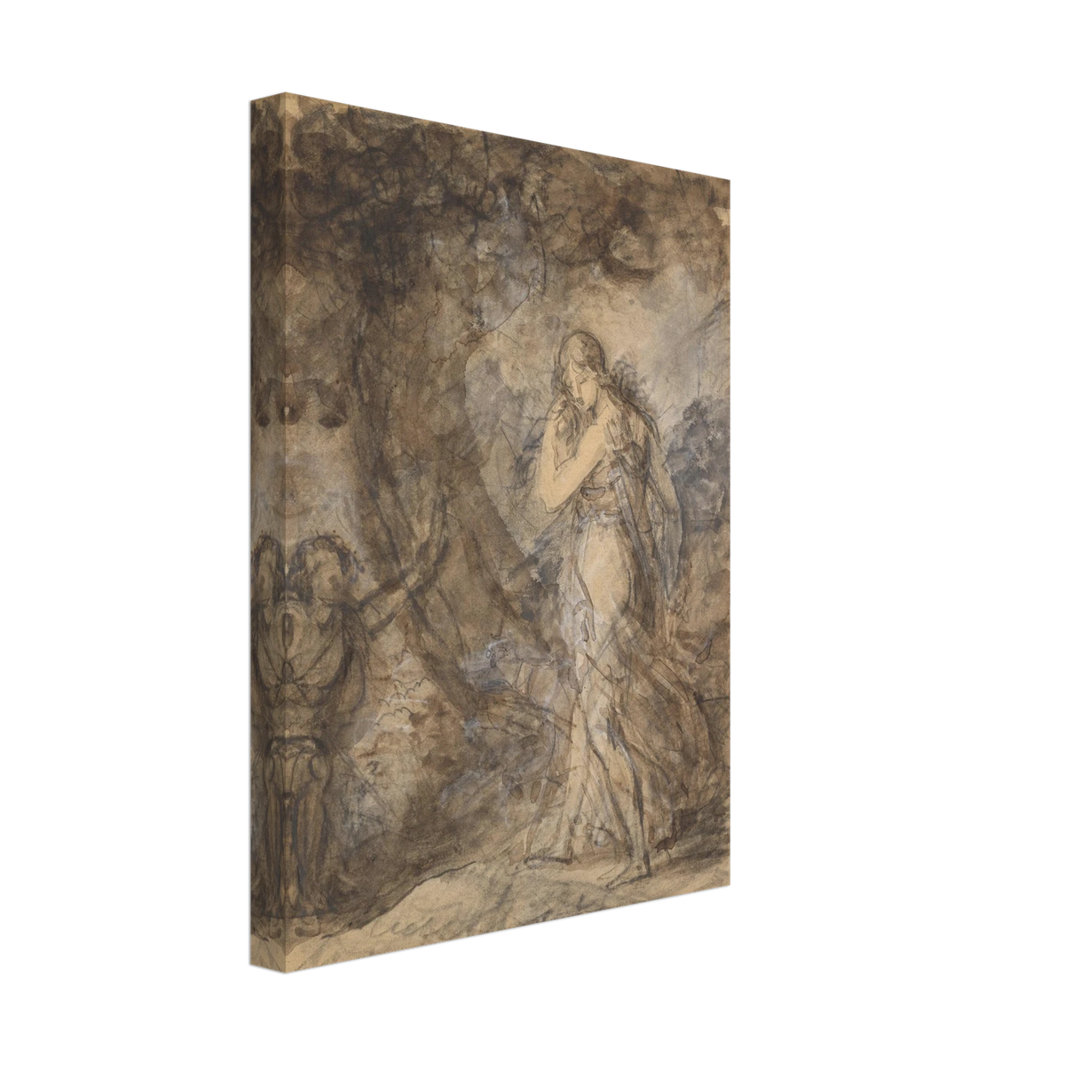 Daphnis runs toward Chloe in a loosely sketched woodland scene, rendered in soft brown and gray washes.