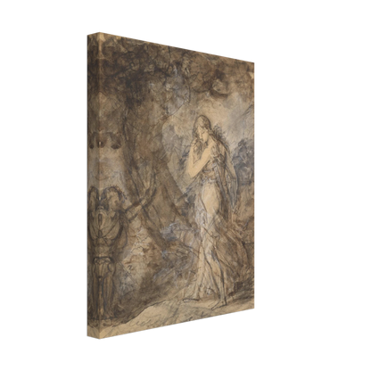 Daphnis runs toward Chloe in a loosely sketched woodland scene, rendered in soft brown and gray washes.