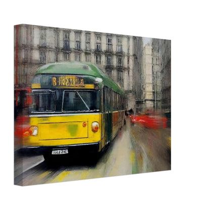 "A dynamic painting of a yellow and green tram speeding through a busy city street, with blurred surroundings capturing the movement of urban life."