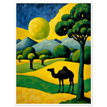 A surreal desert scene with a black camel silhouette against rolling golden dunes, lush green trees, and a glowing yellow moon.
