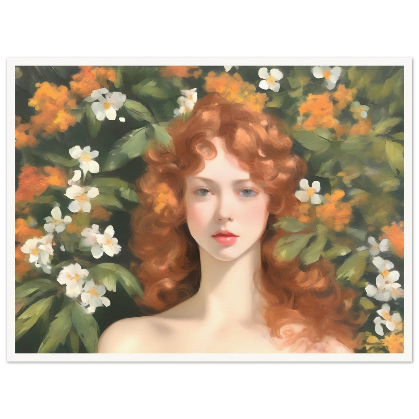 A delicate portrait of a woman with flowing red curls, surrounded by lush green foliage and blooming white and orange flowers, evoking a dreamlike elegance.