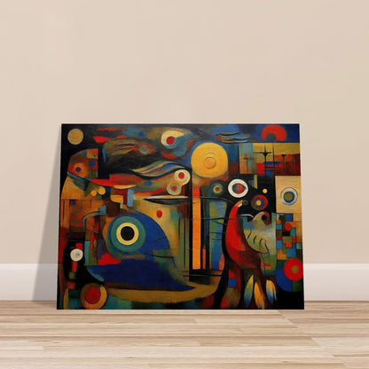 A vibrant abstract painting featuring geometric shapes, bold colors, and dynamic patterns creating a visual symphony.