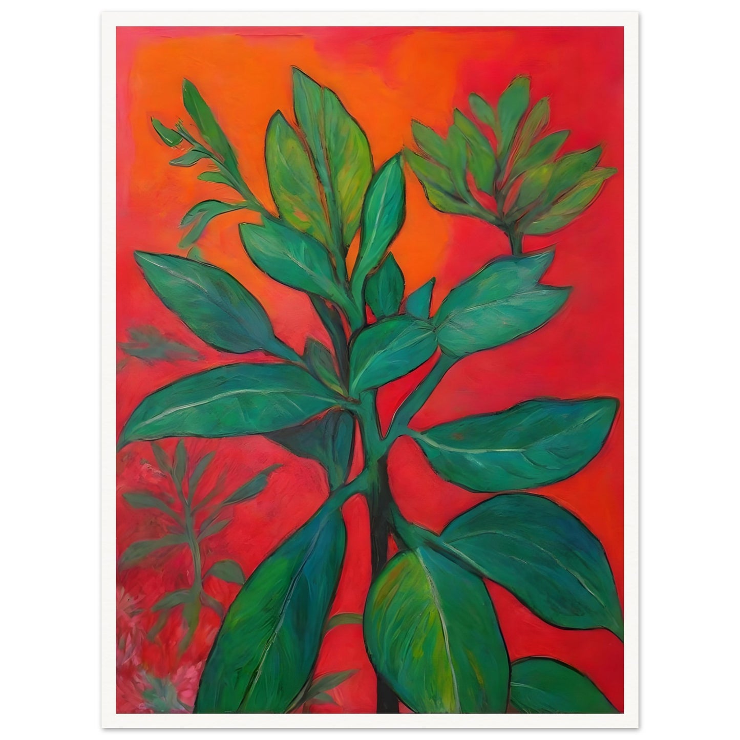 A bold botanical painting featuring lush green leaves set against a fiery red-orange background, creating a striking contrast of nature and warmth.