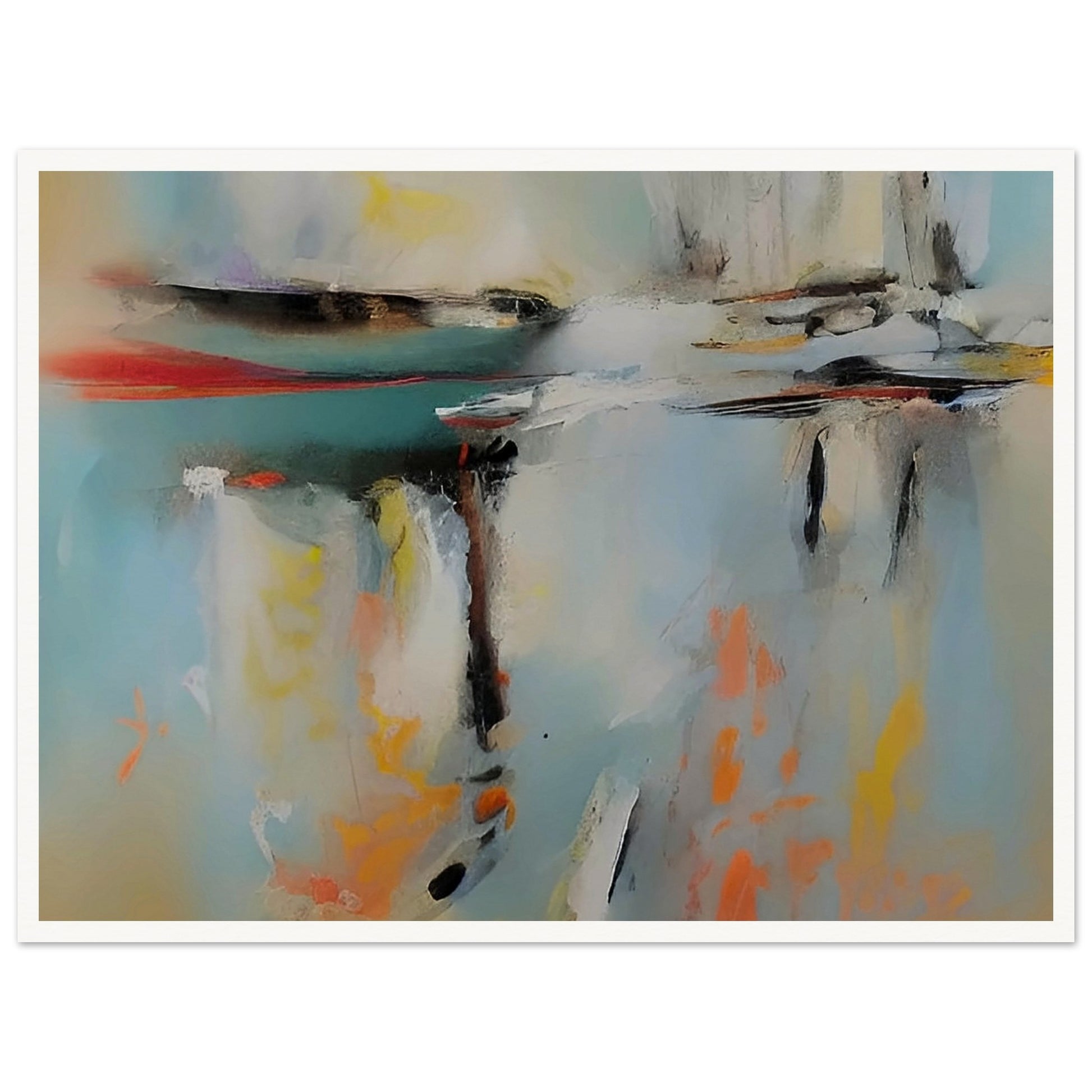 An abstract painting with soft, blurred colors reflecting on a calm water surface, creating a serene and tranquil atmosphere.