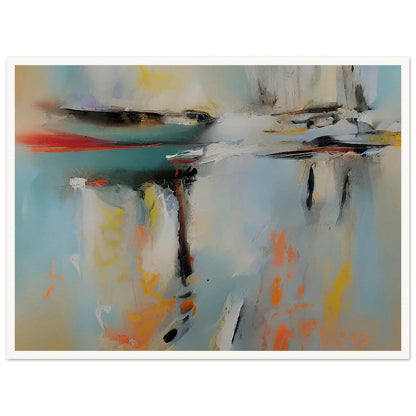 An abstract painting with soft, blurred colors reflecting on a calm water surface, creating a serene and tranquil atmosphere.