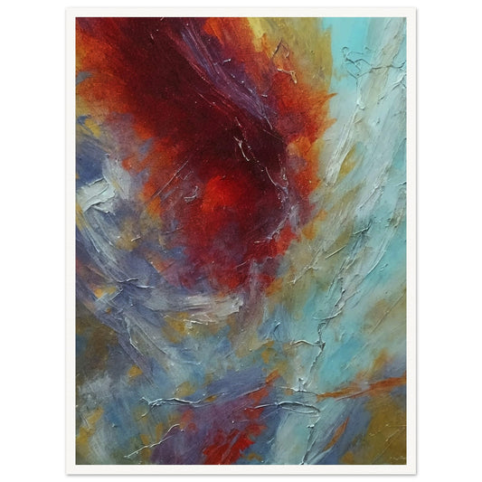 An abstract painting with a swirling mix of vibrant red, blue, and yellow colors creating a dynamic and intense visual effect.