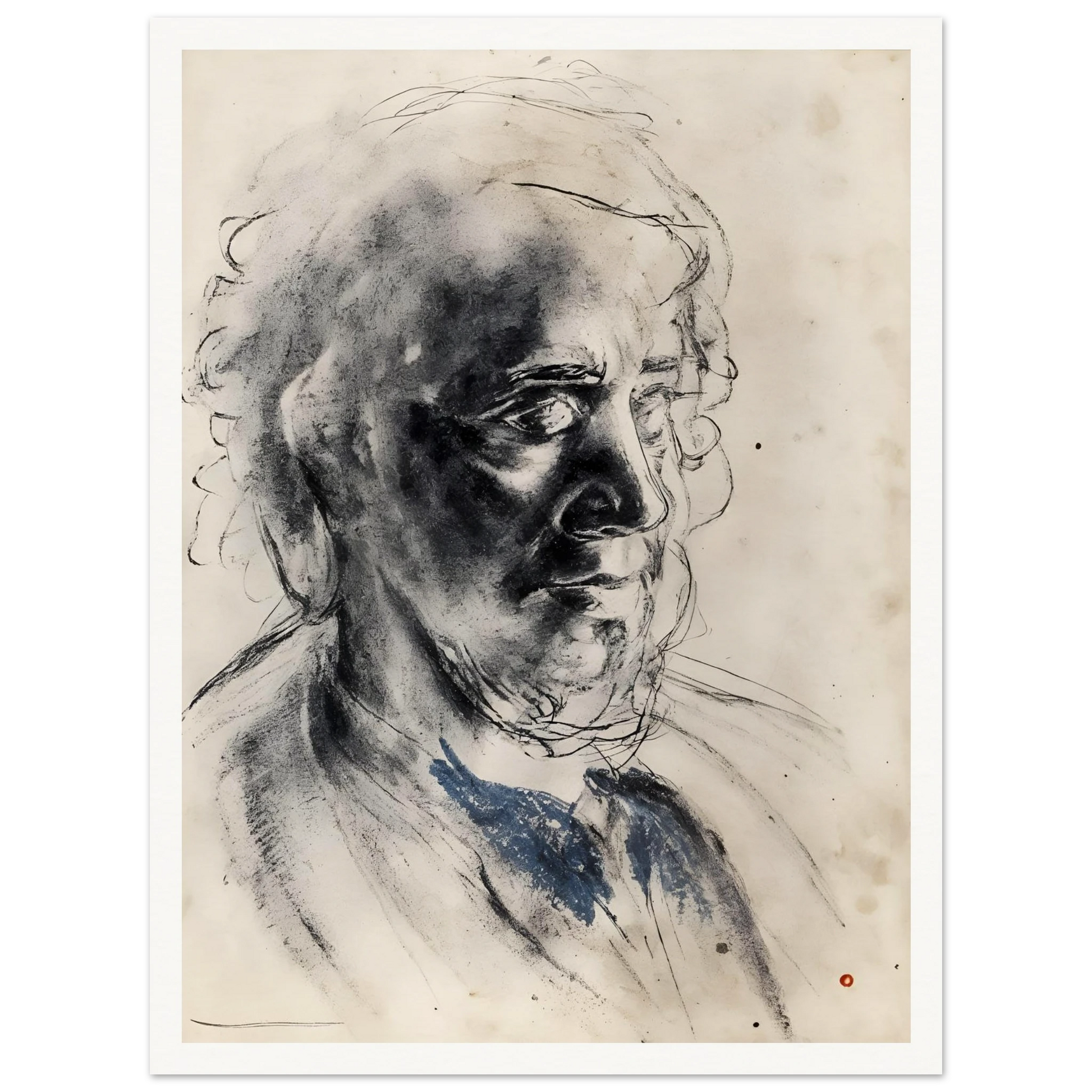 Charcoal portrait of an elderly man with deep shadows, loose lines, and a muted blue collar.