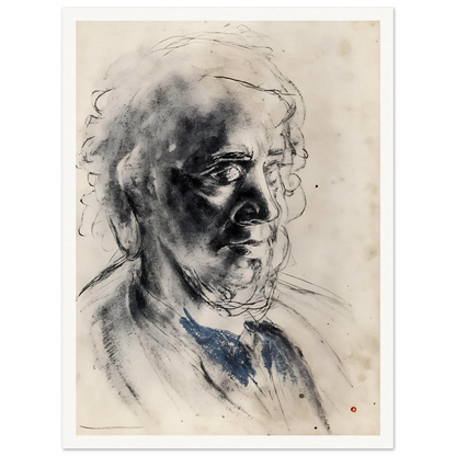 Charcoal portrait of an elderly man with deep shadows, loose lines, and a muted blue collar.