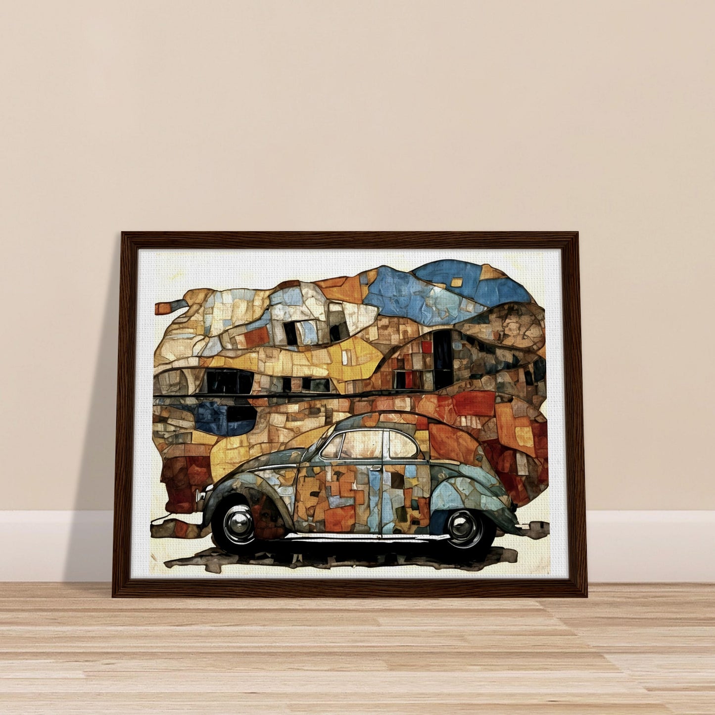 A colorful mosaic-style painting of a classic blue and orange beetle car, set against an abstract, fragmented background of earthy tones.