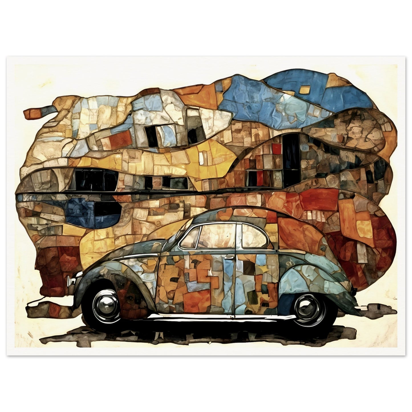 A colorful mosaic-style painting of a classic blue and orange beetle car, set against an abstract, fragmented background of earthy tones.