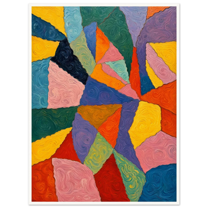Vivid oil painting with swirling, colorful shapes in bold primary hues forming an intricate geometric mosaic.