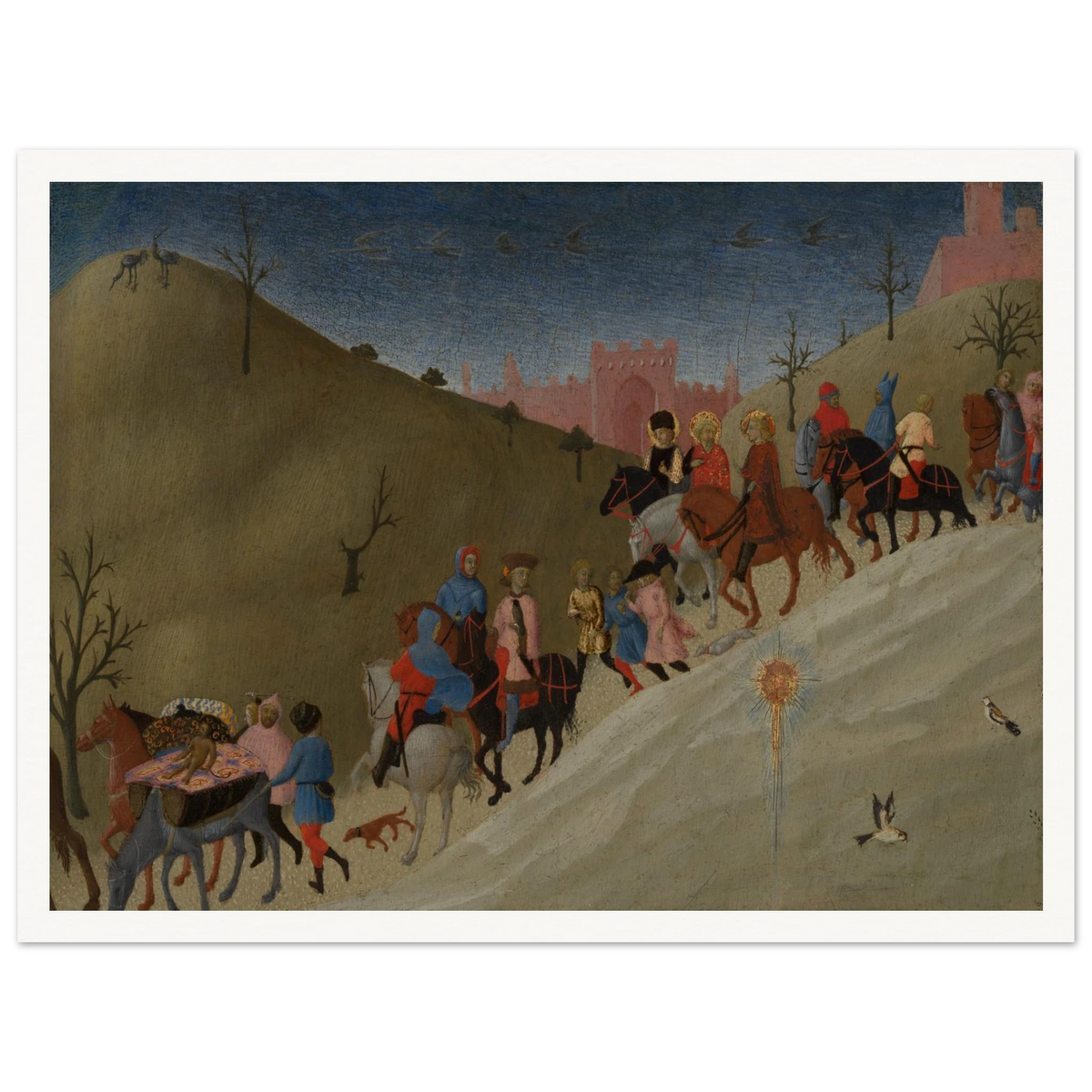 A procession of riders travels through rolling hills toward a pink city under a dark blue sky.