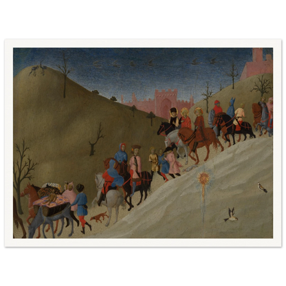 A procession of riders travels through rolling hills toward a pink city under a dark blue sky.