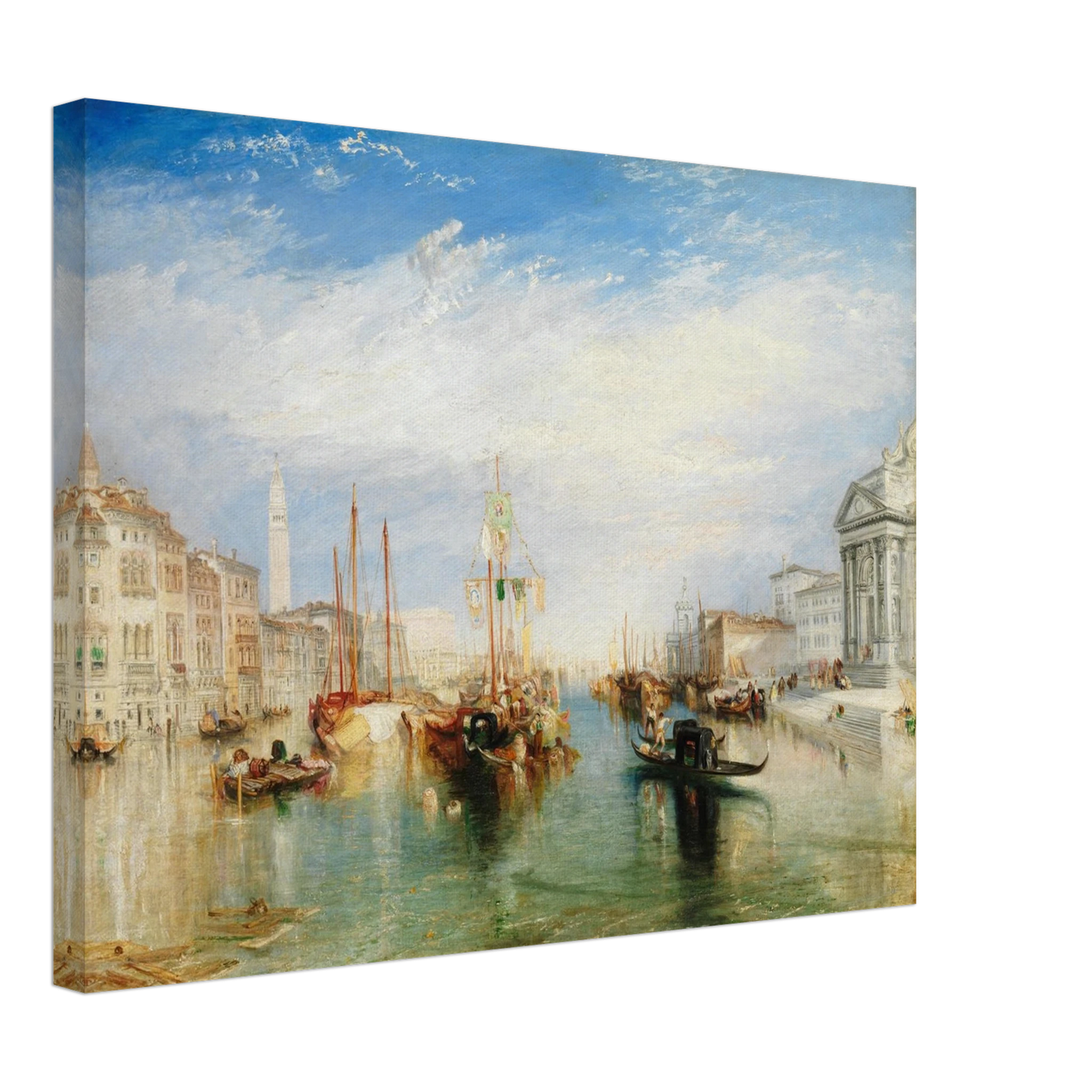 Gondolas and sailing boats fill Venice’s Grand Canal beneath a bright blue sky and luminous clouds.