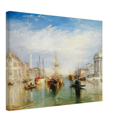Gondolas and sailing boats fill Venice’s Grand Canal beneath a bright blue sky and luminous clouds.