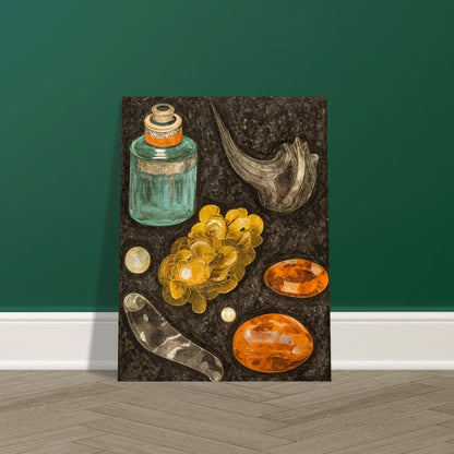 A collection of golden stones, glass objects, and a teal bottle arranged on a textured black background like hidden treasures.