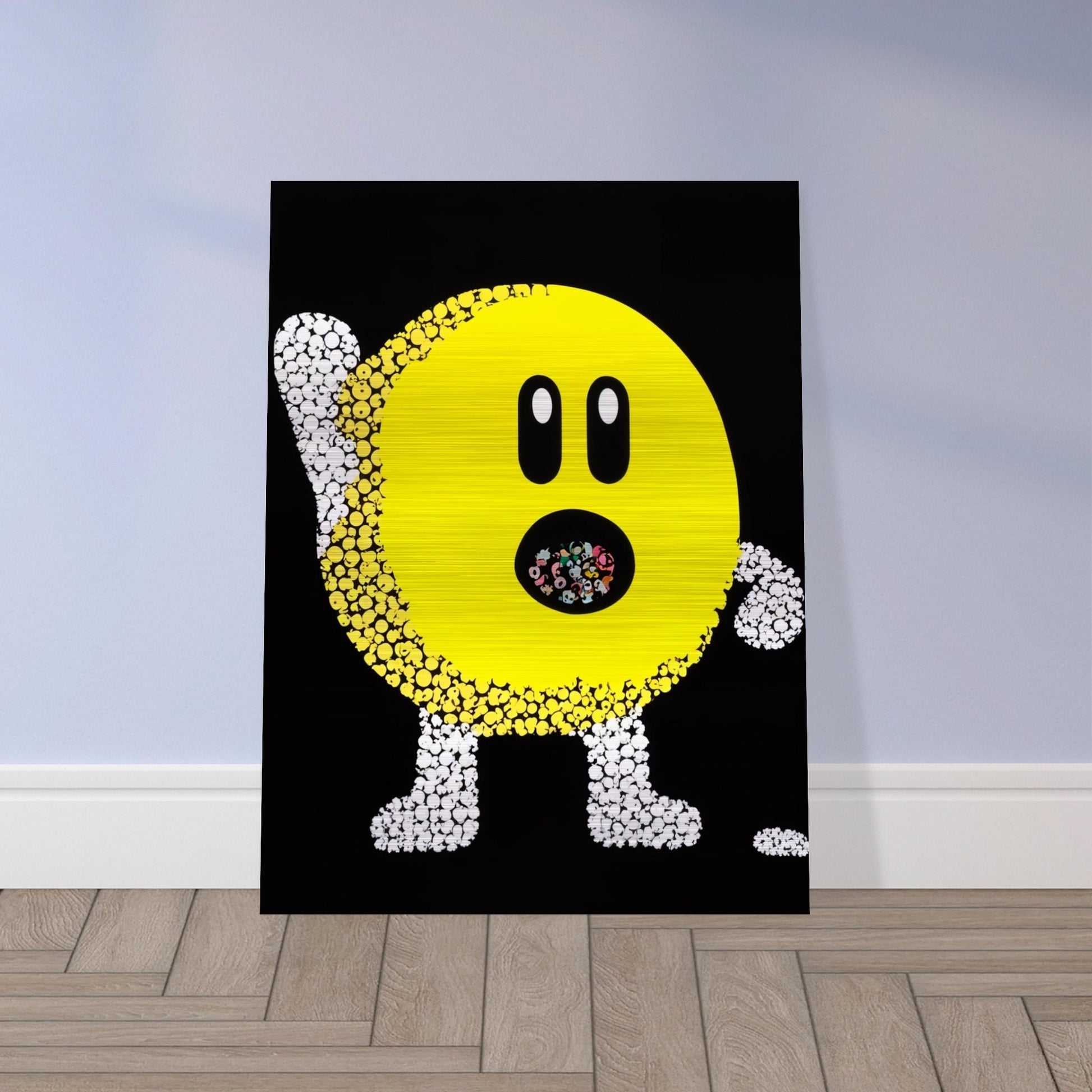 A playful pop-art depiction of a yellow circular figure made up of small white and yellow dots, with an open mouth filled with colorful shapes on a black background.