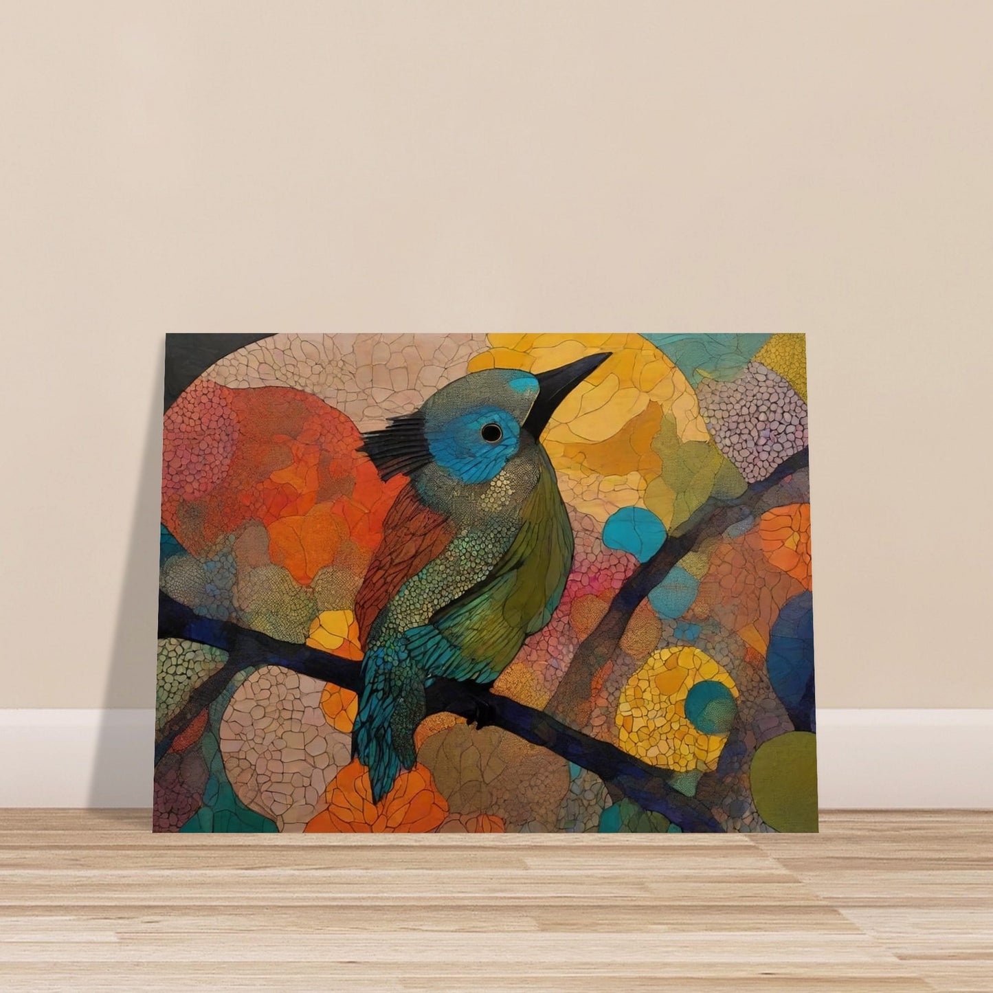 "A stunning painting of a bird perched on a branch, filled with vibrant hues of blue, green, and orange, surrounded by abstract, colorful patterns in the background."