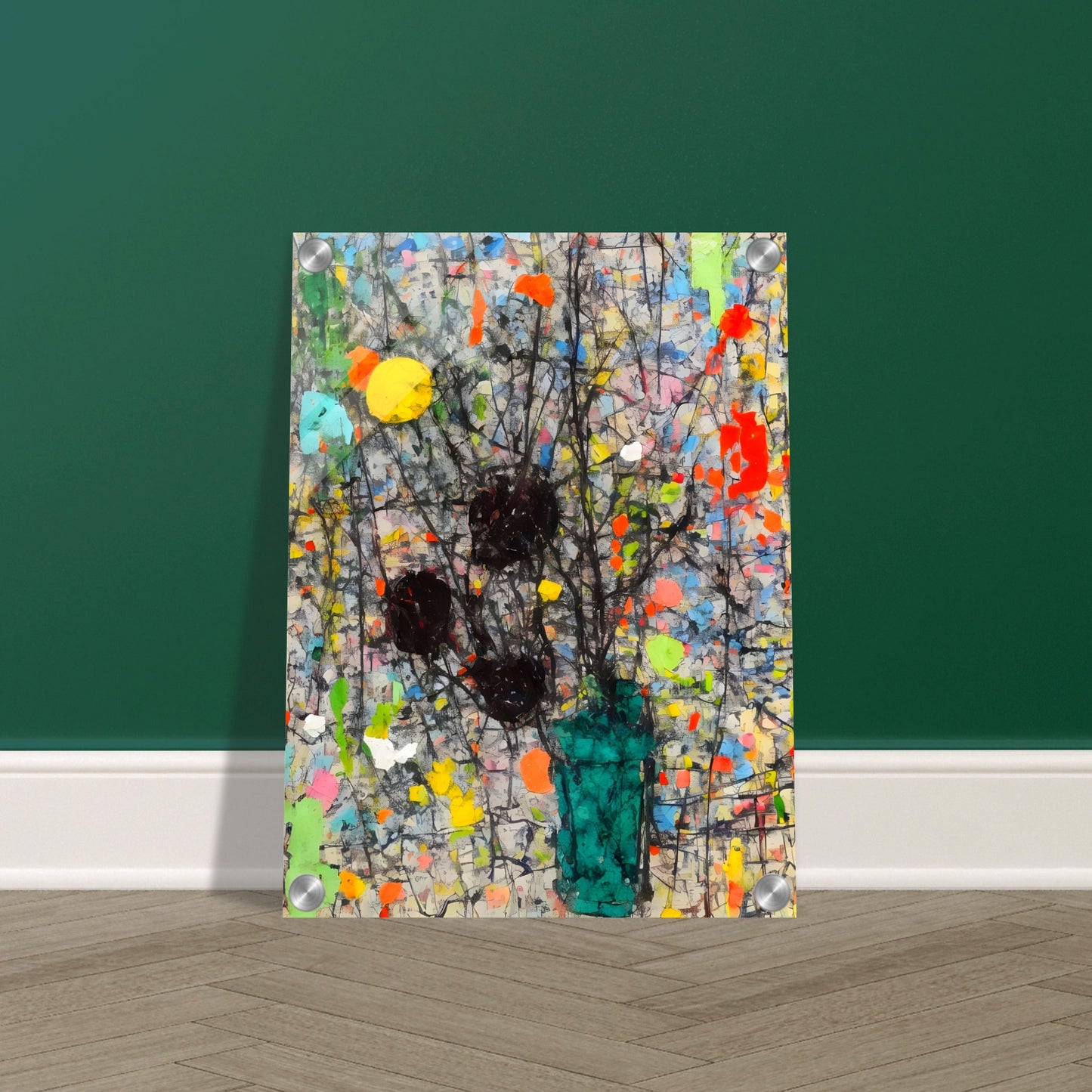 An abstract floral painting with a dark vase and branches, set against a textured, colorful background with splashes of red, yellow, and blue.