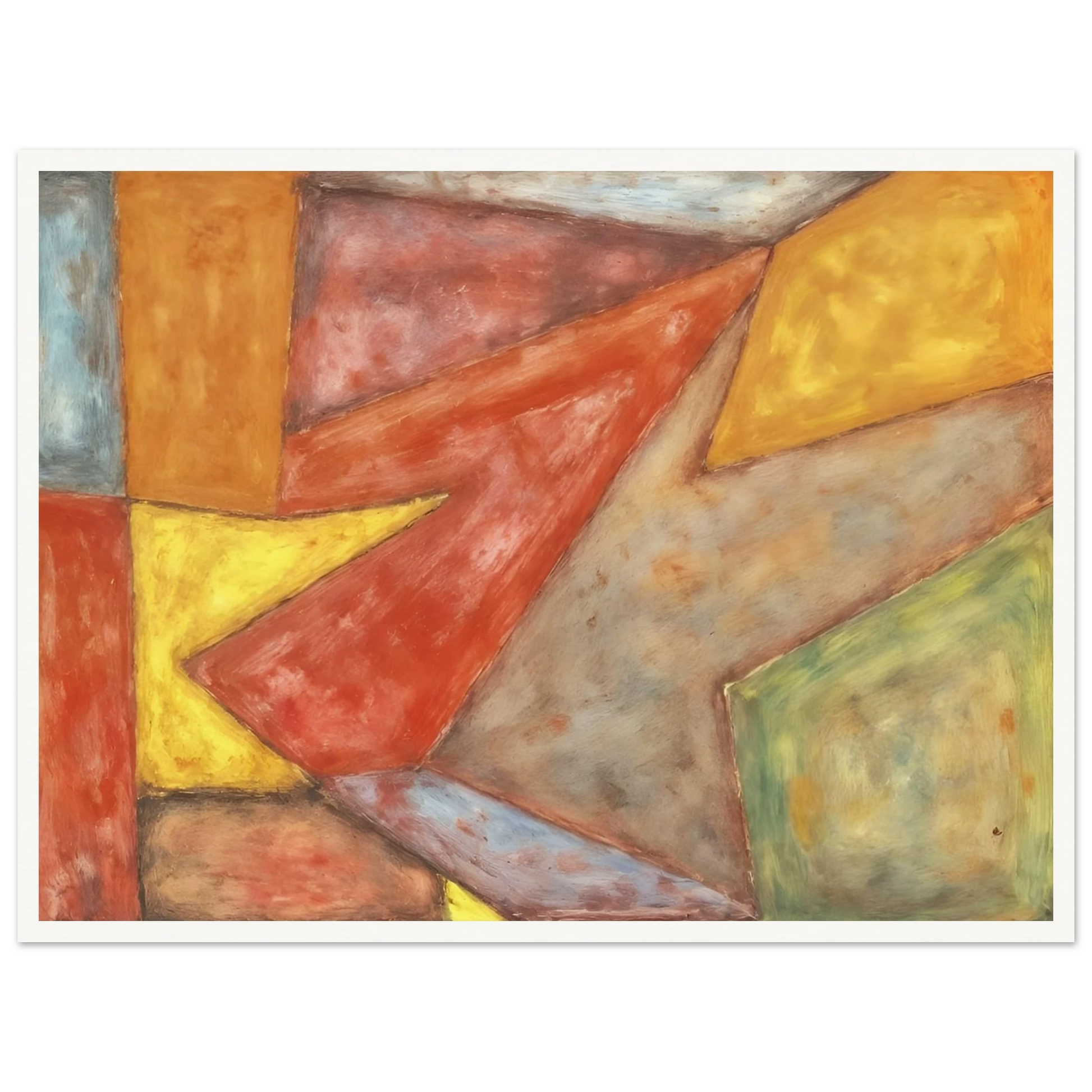 Warm red, yellow, green, and gray planes overlap in a softly textured modern composition.