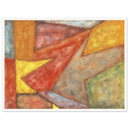 Warm red, yellow, green, and gray planes overlap in a softly textured modern composition.