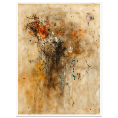 An expressive abstract painting featuring gestural lines, smoky textures, and warm earth-toned washes. Hints of a human-like form emerge from layered marks of black, rust, cream, and subtle blue against a parchment-colored background.