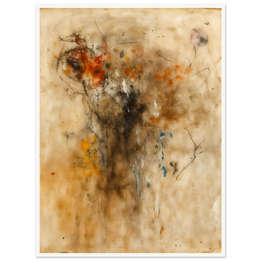 An expressive abstract painting featuring gestural lines, smoky textures, and warm earth-toned washes. Hints of a human-like form emerge from layered marks of black, rust, cream, and subtle blue against a parchment-colored background.