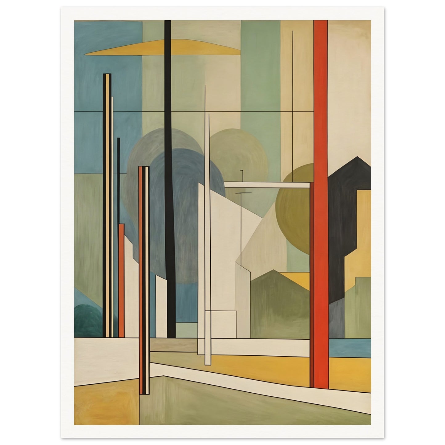 A geometric artwork featuring abstract buildings, trees, and poles with clean lines in earthy tones of green, yellow, red, and beige, creating a modern cityscape.