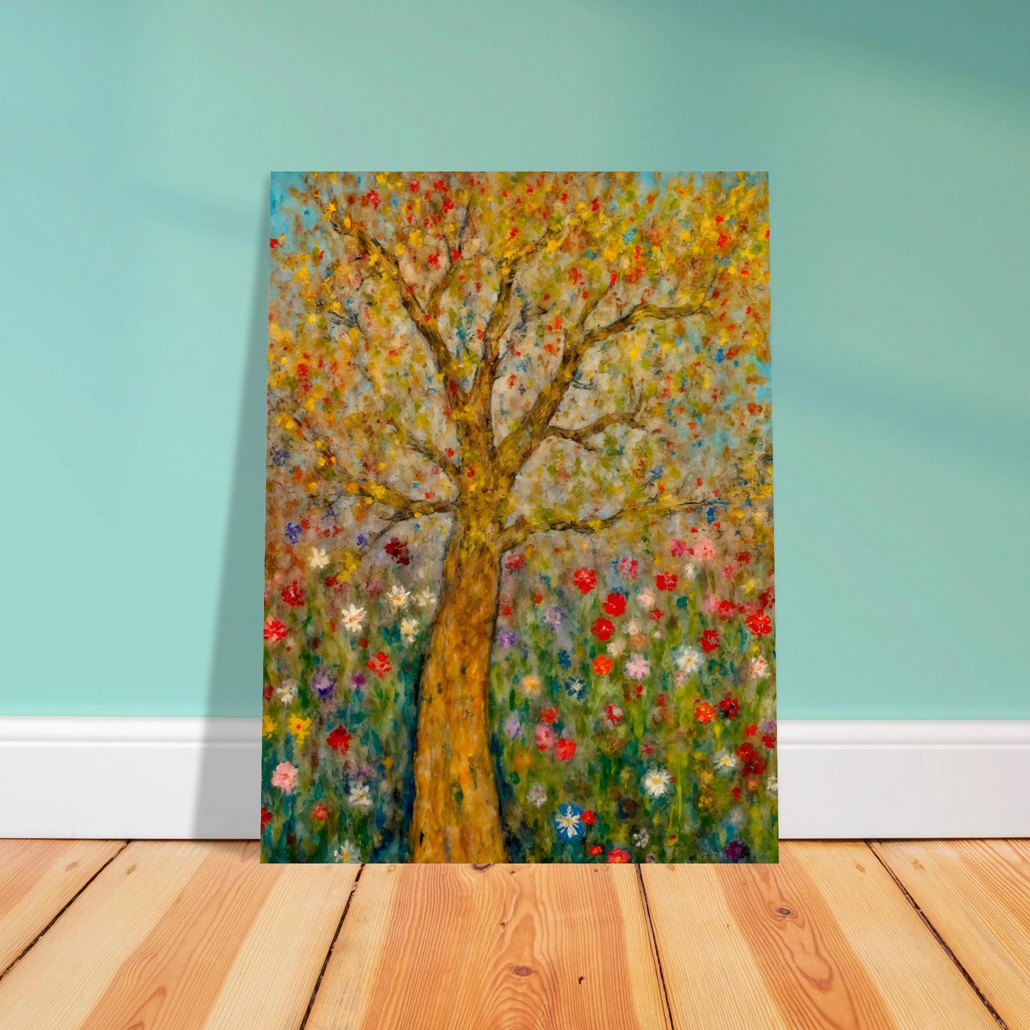 A golden-barked tree stands tall in a vibrant field of blooming flowers, with multicolored petals dancing against a soft blue sky.