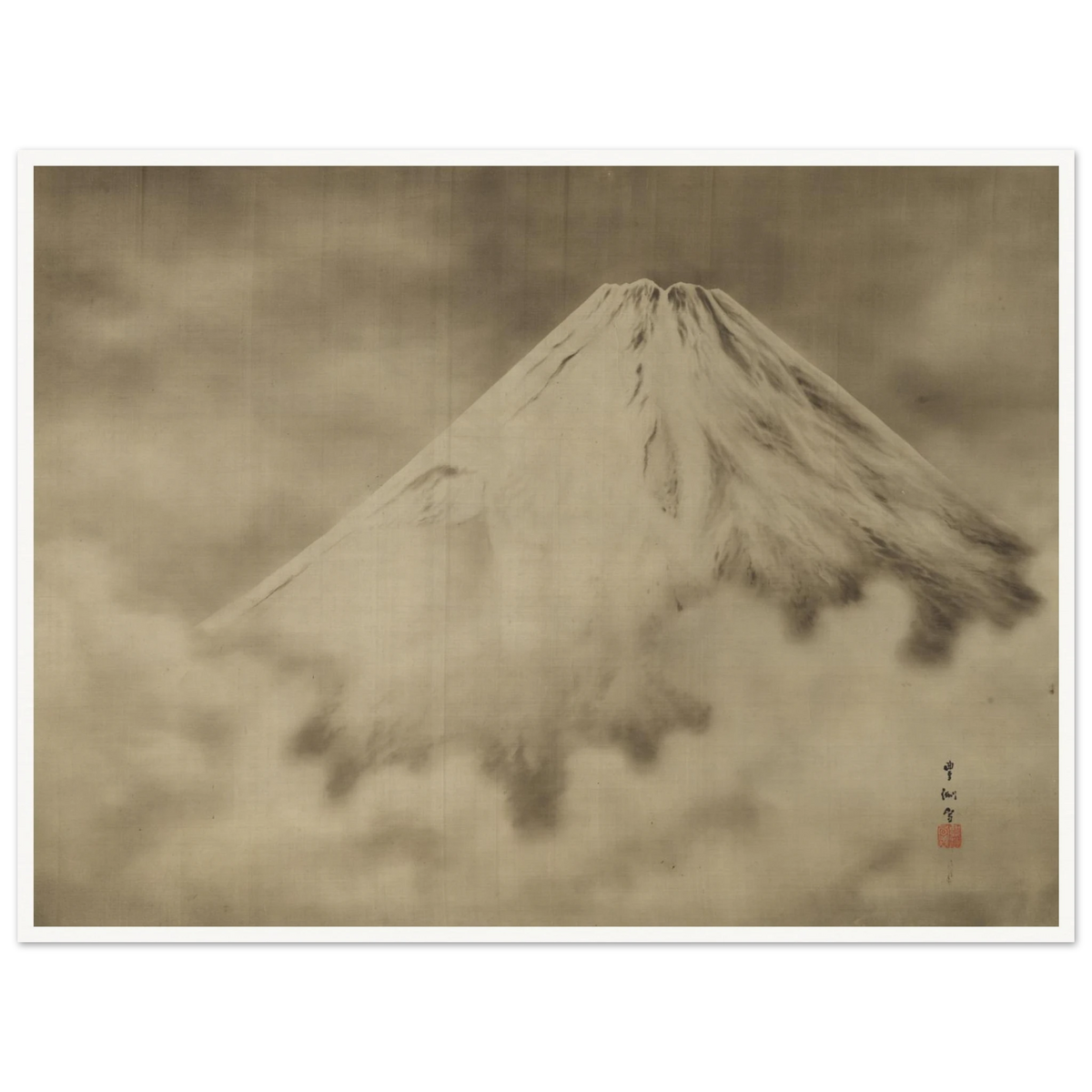 Snow-covered Mount Fuji rises through misty clouds in a soft monochrome Japanese landscape.