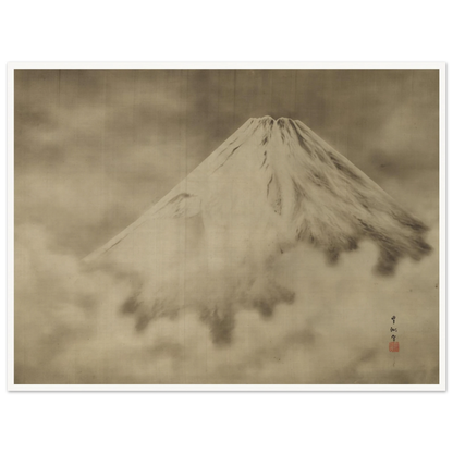 Snow-covered Mount Fuji rises through misty clouds in a soft monochrome Japanese landscape.