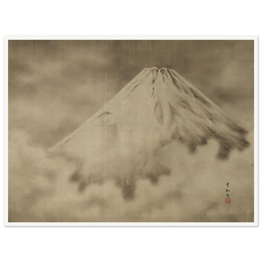 Snow-covered Mount Fuji rises through misty clouds in a soft monochrome Japanese landscape.