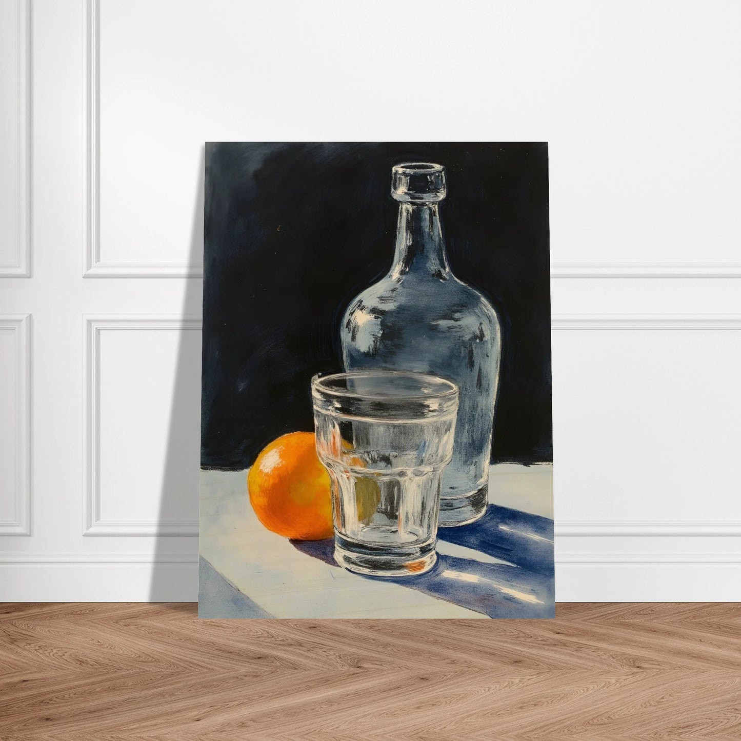 A clear glass, bottle, and orange sit on a sunlit surface, casting soft shadows against a dark background.
